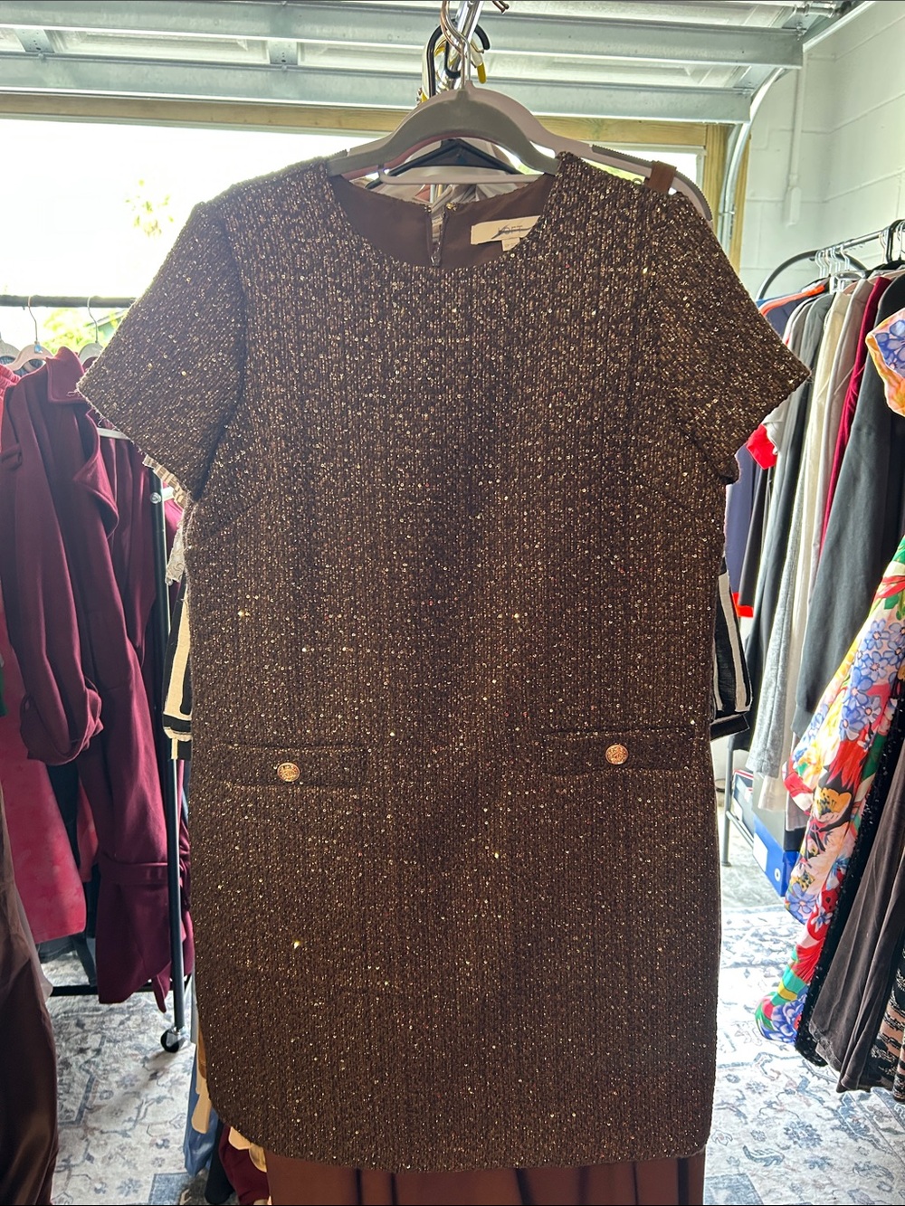 LOFT Metallic Brown Short-Sleeve Shift Dress